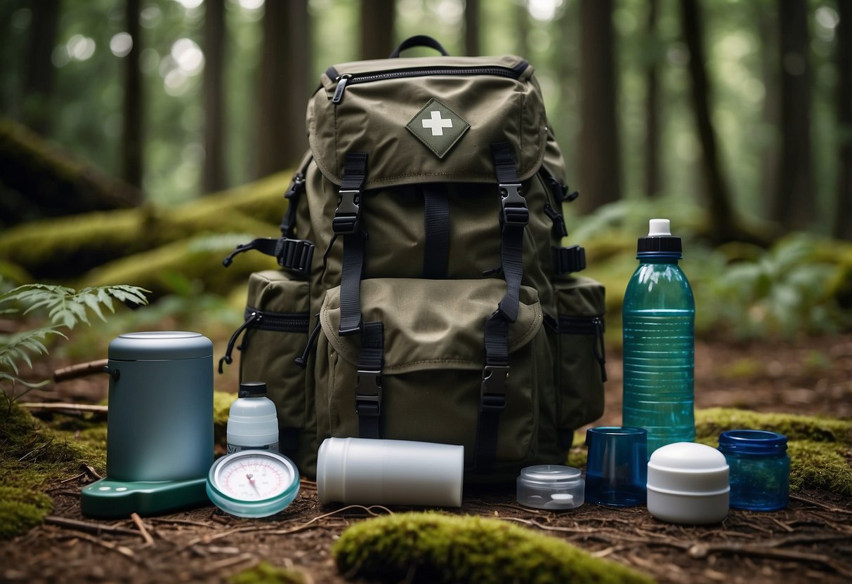 A well-organized backpack with a first aid kit, water bottle, compass, and survival tools laid out on a forest floor