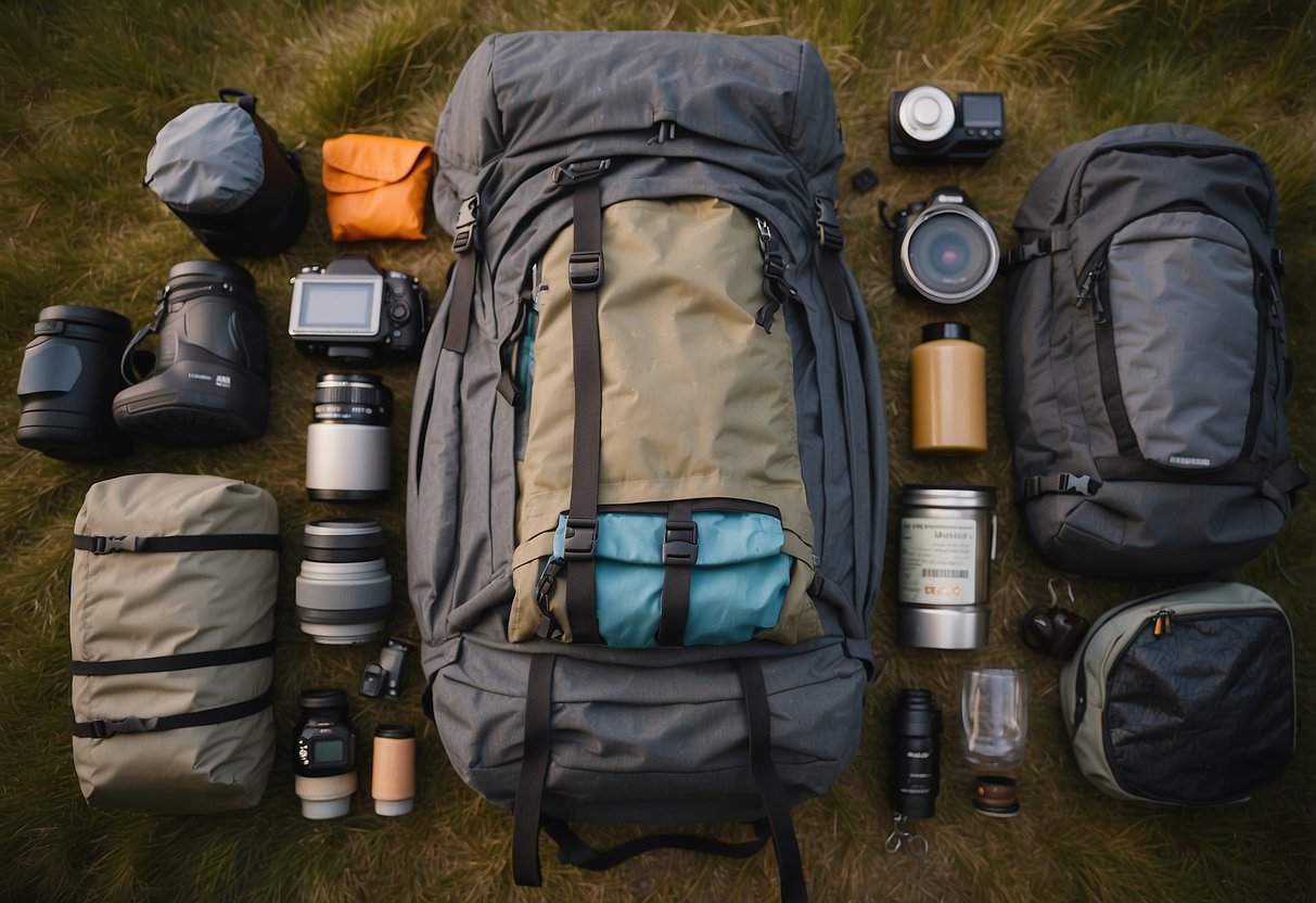 A backpack laid out with various gear items neatly organized, including a tent, sleeping bag, cooking supplies, and a map. Clothing and personal items are also carefully packed for a bushcraft trip