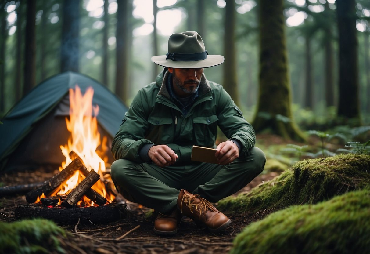 A forest clearing with a campfire, surrounded by lightweight bushcraft apparel including a waterproof jacket, cargo pants, hiking boots, a compact backpack, and a wide-brimmed hat