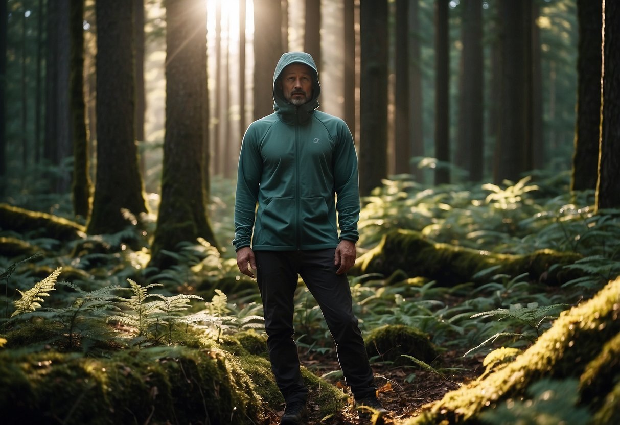 A figure stands in a forest clearing wearing an Arc'teryx Squamish Hoody, surrounded by lightweight bushcraft gear. The sun filters through the trees, casting dappled light on the scene