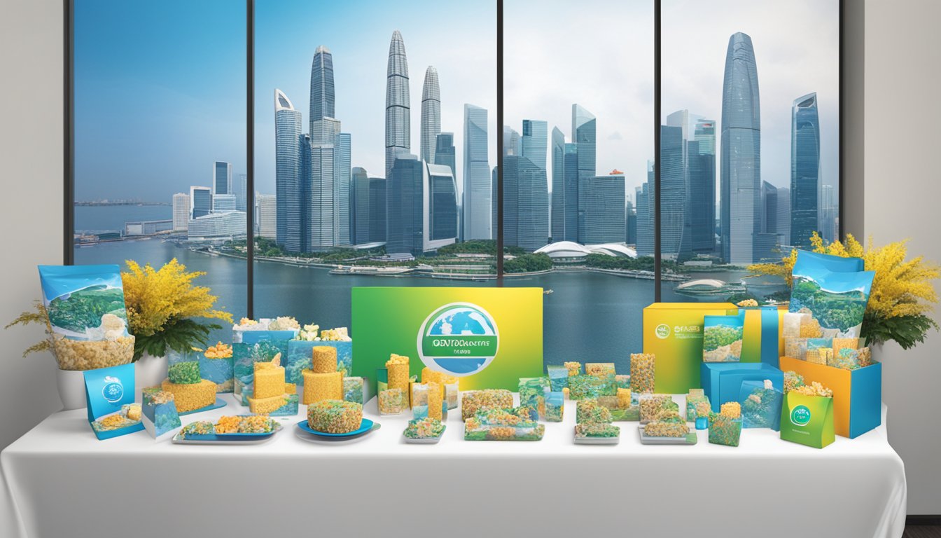 A table displays various corporate gifts with the DTC World Corporation Pte Ltd logo. The backdrop features a Singapore skyline