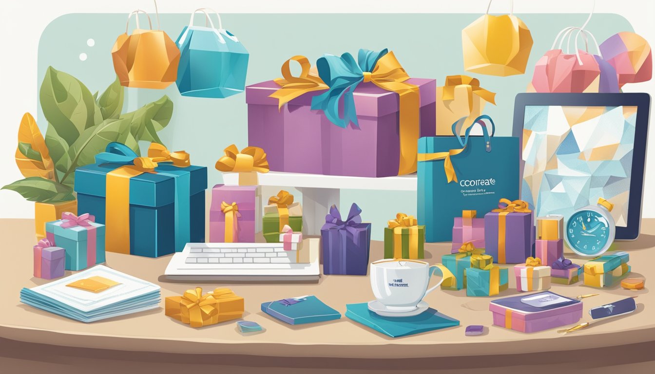 A table displays a variety of corporate gifts, including branded items and luxury products. A banner reads "Pricing and Value GiftandPremiums.com Corporate Gifts Review."