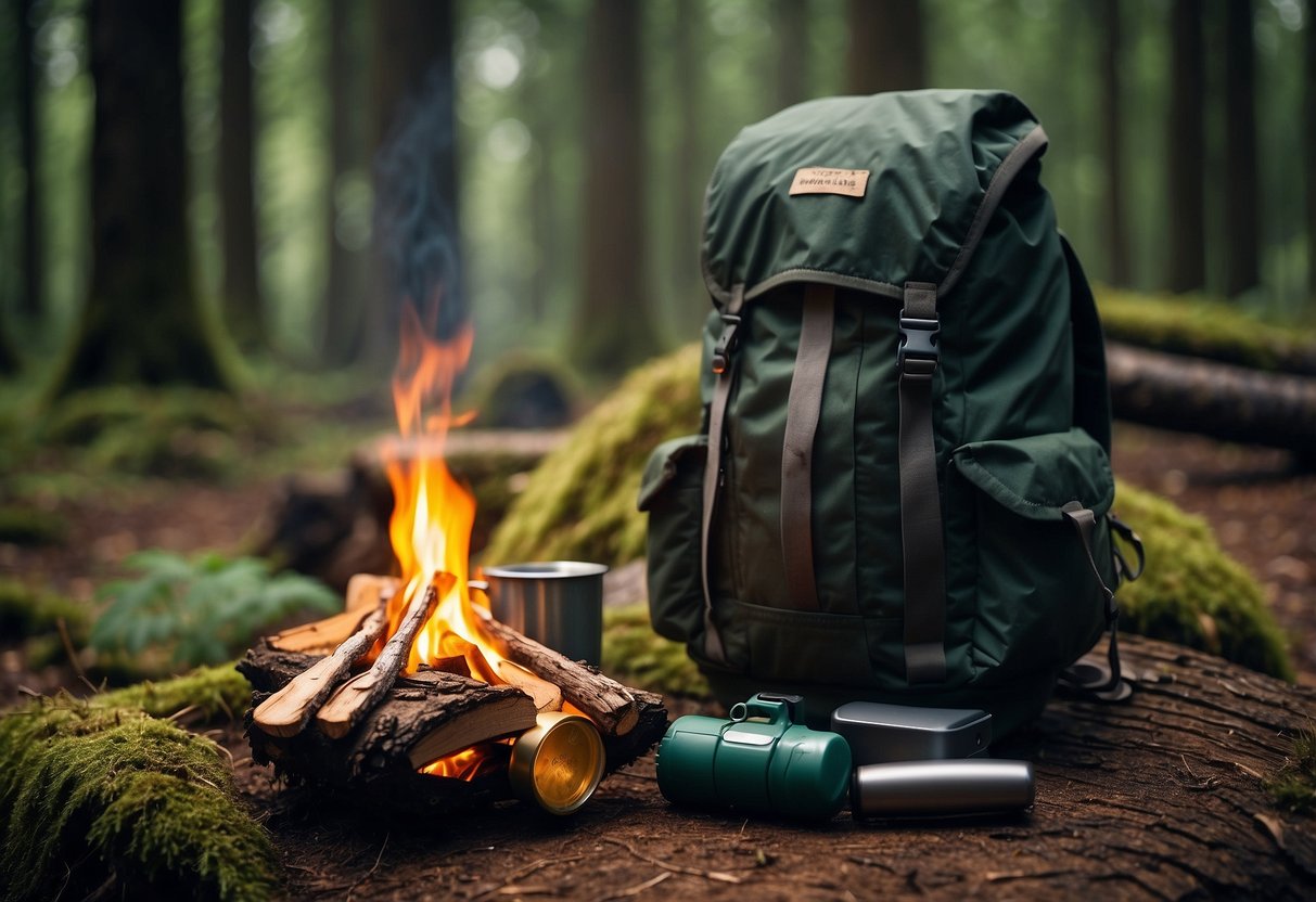 A forest clearing with a small campfire, surrounded by trees. A backpack and lightweight bushcraft apparel laid out on a log. A water bottle and multi-tool on the ground