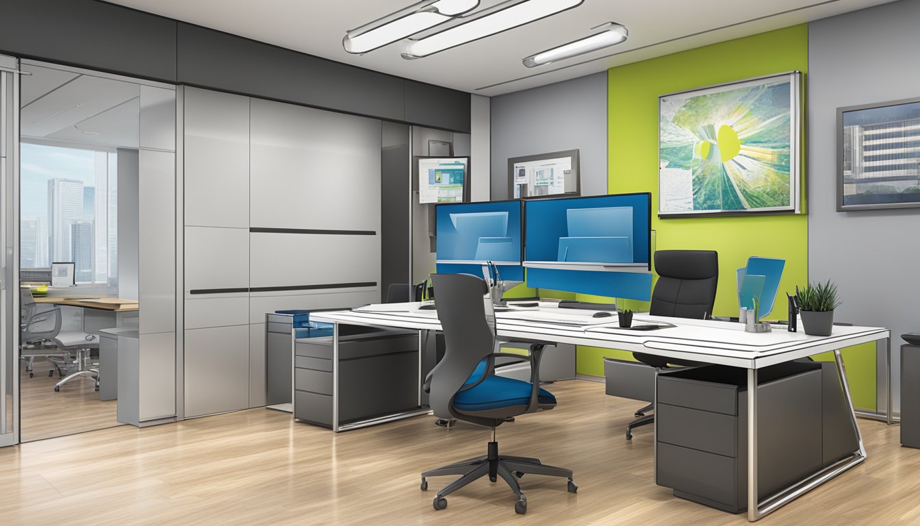 A sleek and modern office setting with the DTC World Corporation Pte Ltd logo prominently displayed on the wall. A variety of corporate gifts such as branded pens, notebooks, and tech gadgets are neatly arranged on a display table