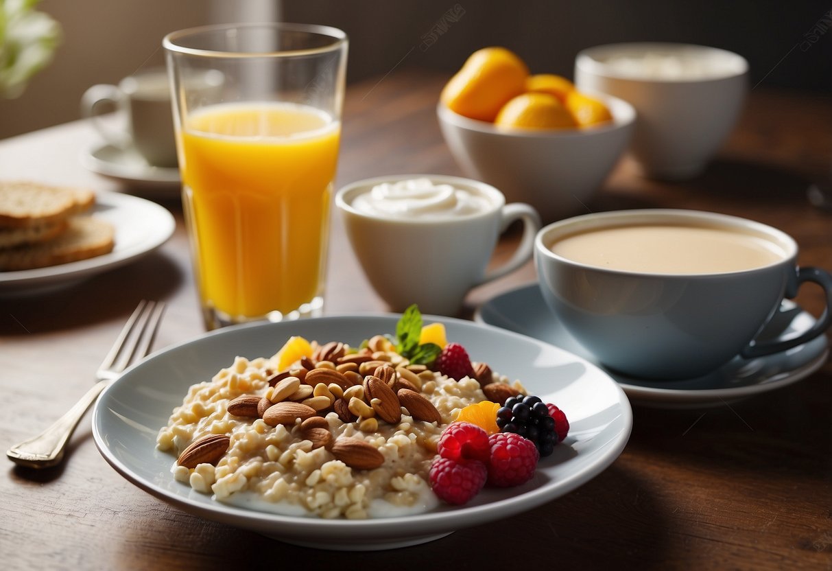 A table set with a variety of breakfast foods including oatmeal, fruit, yogurt, and nuts. A glass of orange juice and a cup of coffee sit alongside the meal