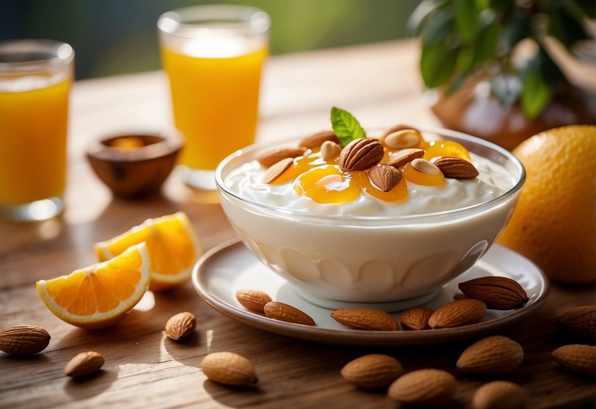 A bowl of Greek yogurt topped with drizzled honey and sprinkled almonds sits on a wooden table, surrounded by a selection of fresh fruits and a glass of orange juice