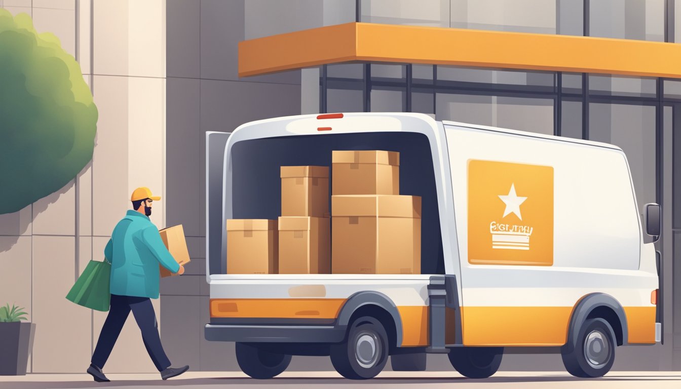 A delivery truck pulls up to a corporate office. A uniformed worker unloads boxes of branded gifts. The office staff eagerly receives and unpacks the items