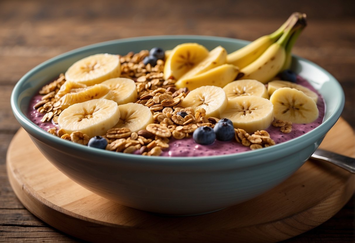 A vibrant smoothie bowl sits on a wooden table, topped with sliced bananas and crunchy granola. A spoon rests beside the bowl, ready to be enjoyed