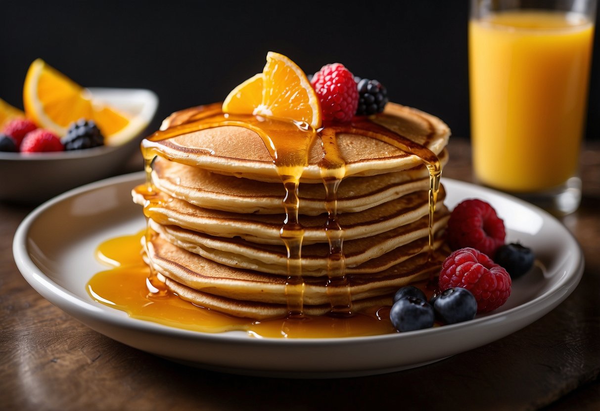 A stack of whole wheat pancakes drizzled with maple syrup on a plate, accompanied by a side of fresh berries and a glass of orange juice