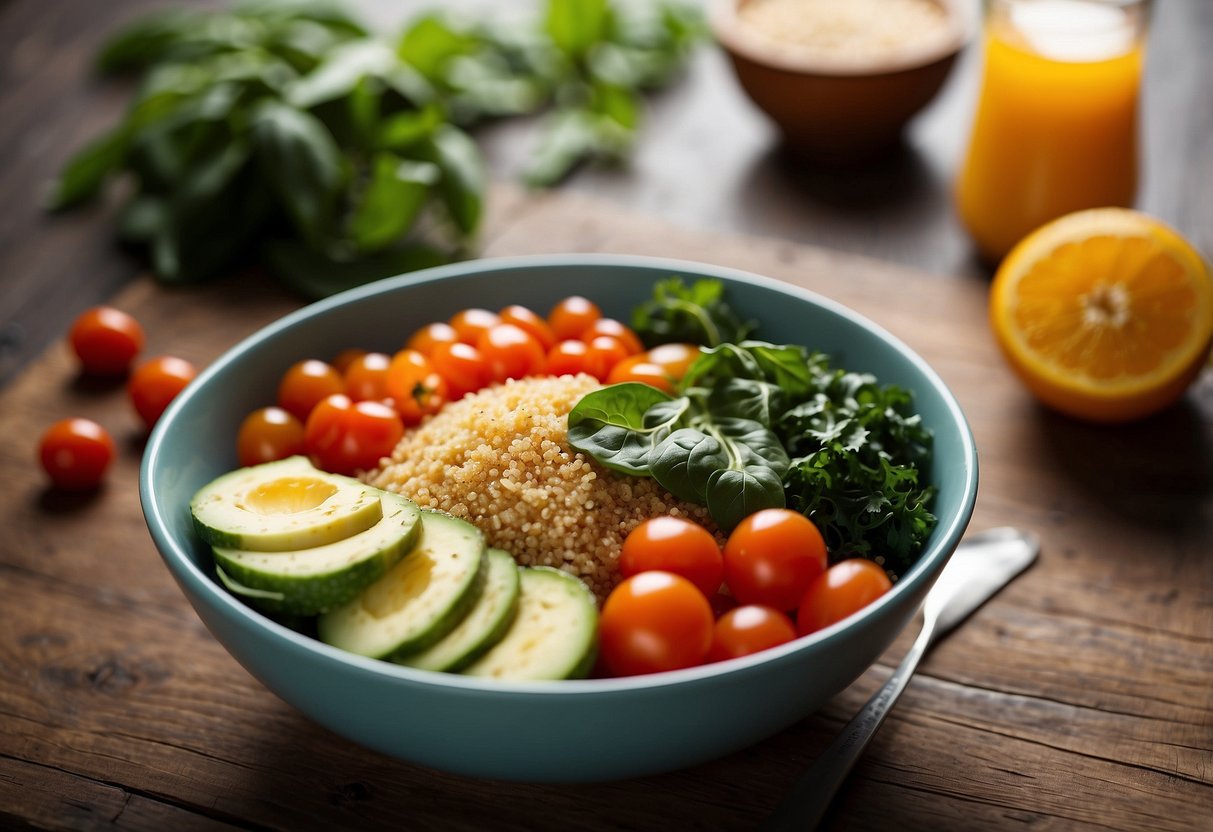 A colorful bowl filled with quinoa, topped with a variety of vibrant vegetables, such as cherry tomatoes, avocado, and spinach. The bowl is placed on a wooden table next to a glass of orange juice and a spoon