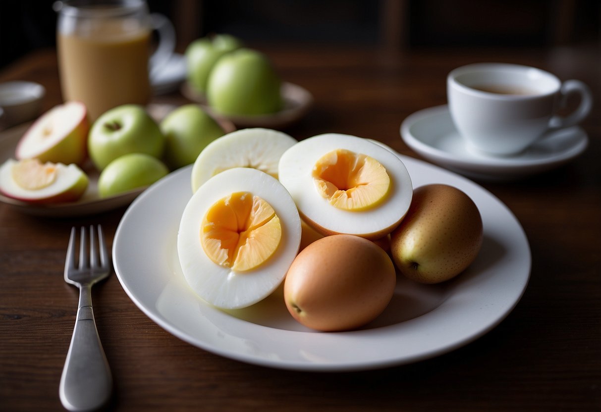 A plate with hard-boiled eggs and sliced apples sits on a table, ready for a pre-trip breakfast. The eggs are neatly arranged next to the apple slices, creating a balanced and energizing meal