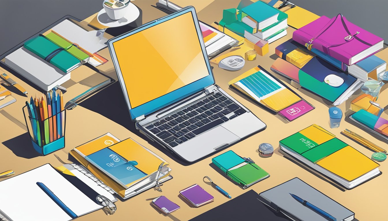A table displaying a variety of corporate gifts with the DTC World Corporation Pte Ltd logo. Brightly colored pens, stylish notebooks, and sleek electronic gadgets are neatly arranged on the table