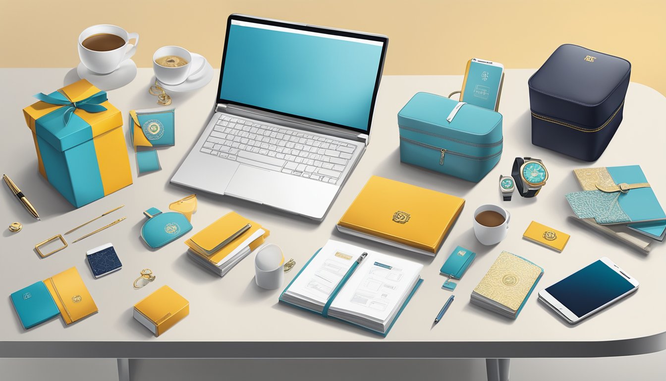 A table adorned with elegant corporate gifts from Singapore Post Limited, including branded stationery, tech accessories, and luxury items