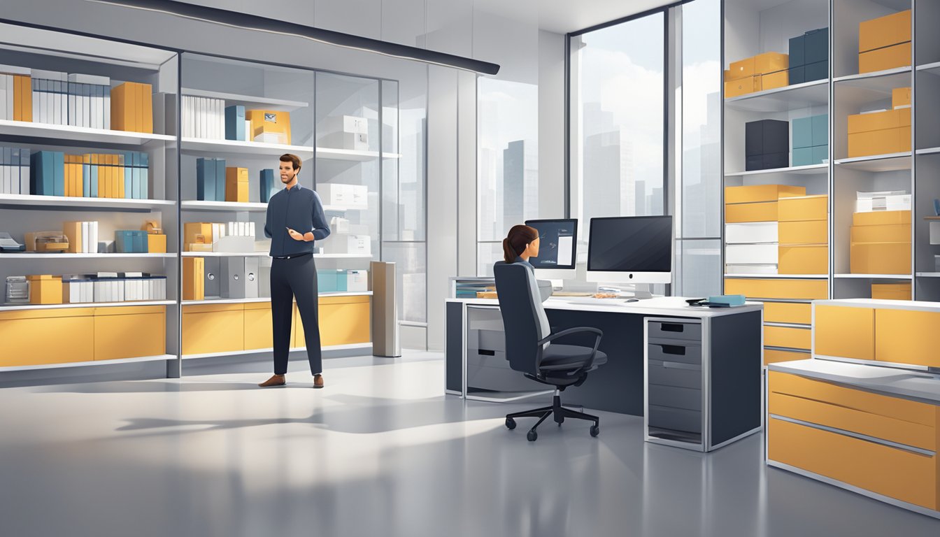 A sleek, modern office space with branded corporate gifts displayed on shelves. A customer service representative assists a client with a smile