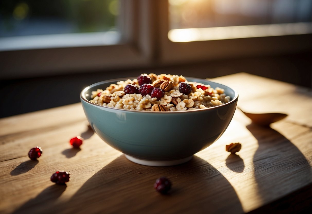 A bowl of oatmeal topped with walnuts and dried cranberries sits on a wooden table, surrounded by a mug of hot coffee and a piece of fruit. Sunrise light streams through a window, casting a warm glow on the scene