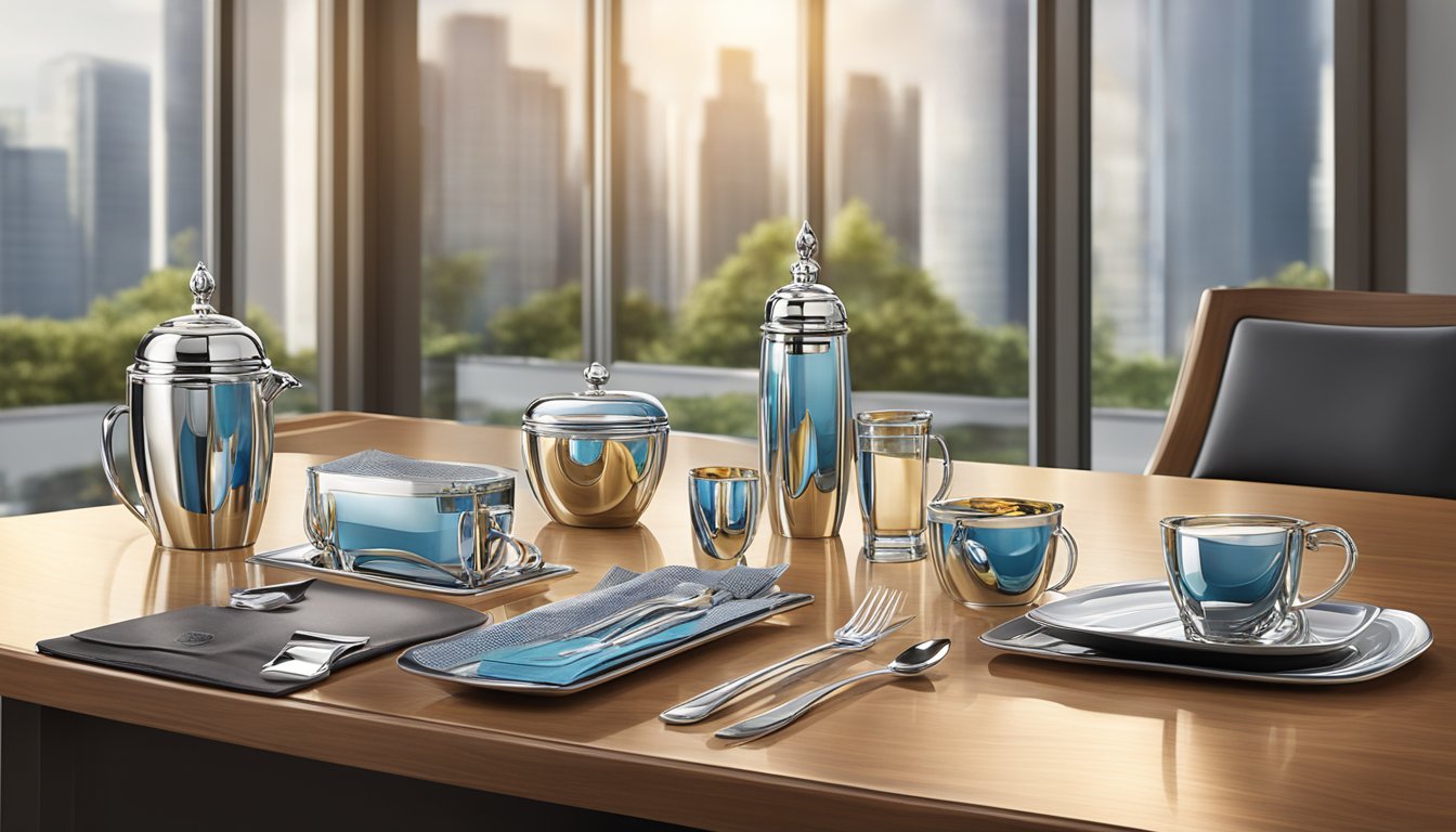 The scene depicts a sleek and elegant corporate gift set displayed on a polished wooden table, showcasing the quality and craftsmanship of DTC World Corporation Pte Ltd