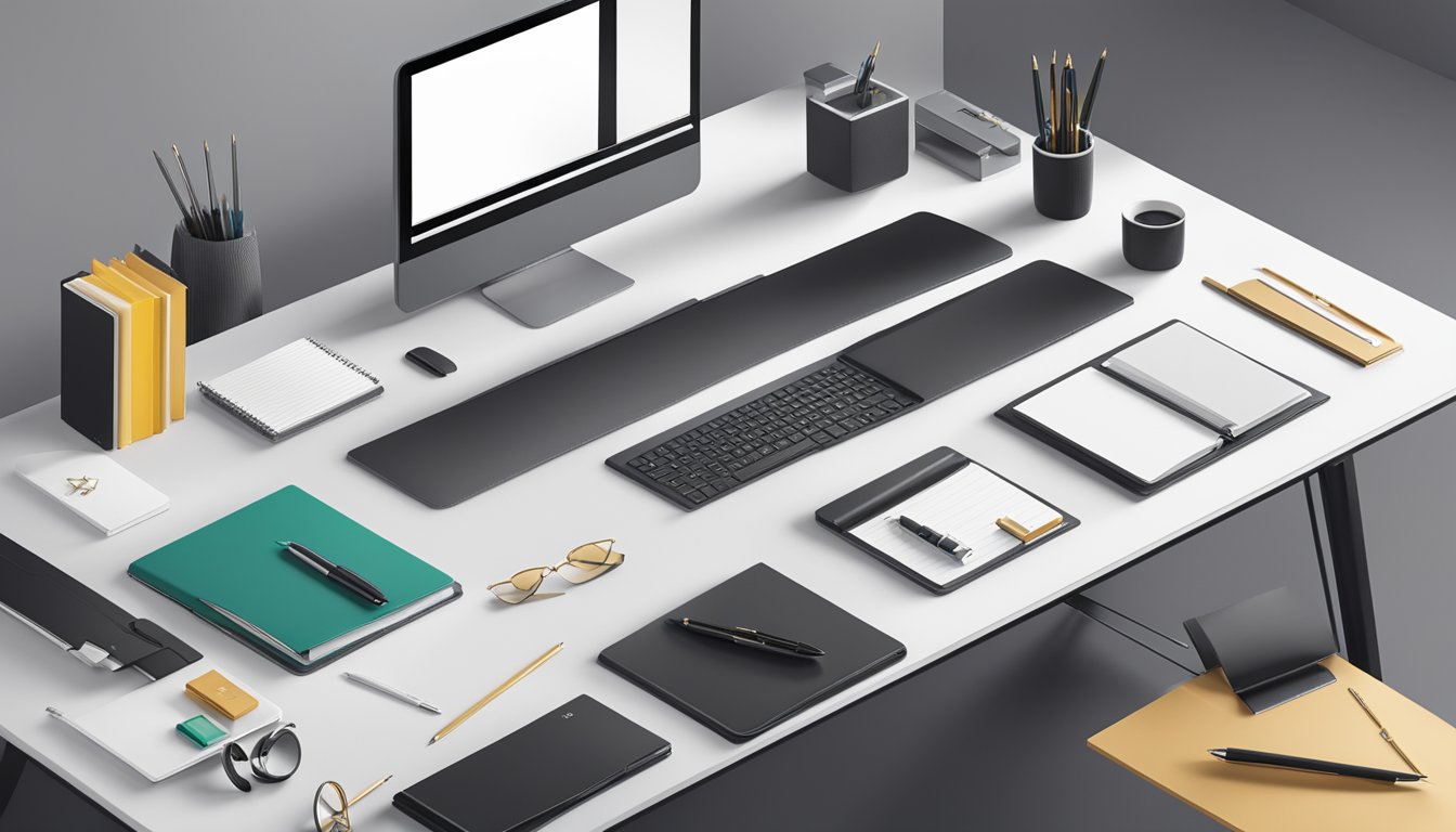 A sleek office desk adorned with branded corporate gifts, including elegant pens, stylish notebooks, and sophisticated tech accessories