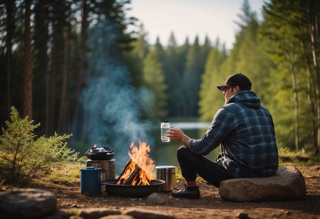 A person sitting by a campfire, surrounded by various containers of water and a water filtration system. Trees and nature in the background