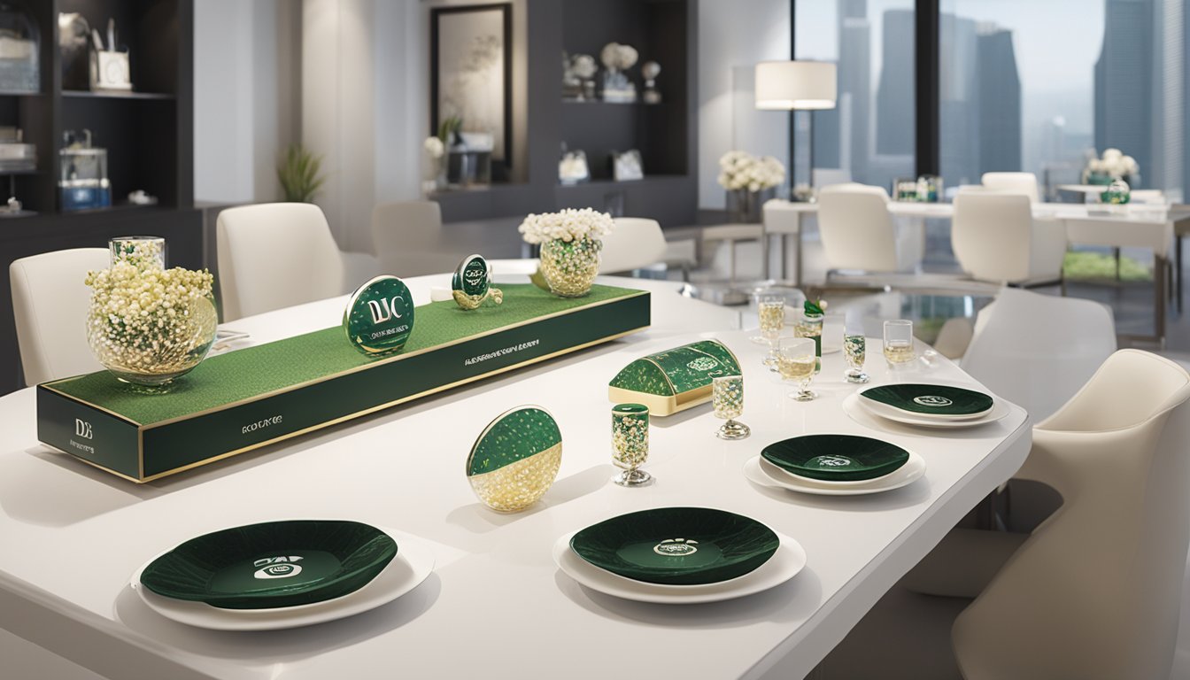 A table adorned with elegant corporate gifts, branded with the DTC World Corporation logo, displayed in a well-lit showroom in Singapore