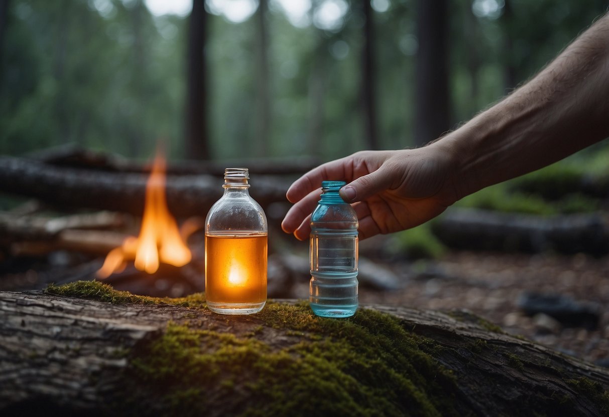 A hand reaches for a water bottle with electrolyte tablets. A campfire burns in the background as a person practices bushcraft. Surrounding trees and nature create a serene setting