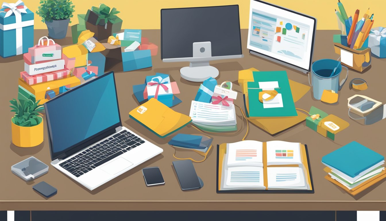 A table with various corporate gifts displayed, a computer with the GiftandPremiums.com website open, and a sign that reads "Frequently Asked Questions GiftandPremiums.com Corporate Gifts Review"