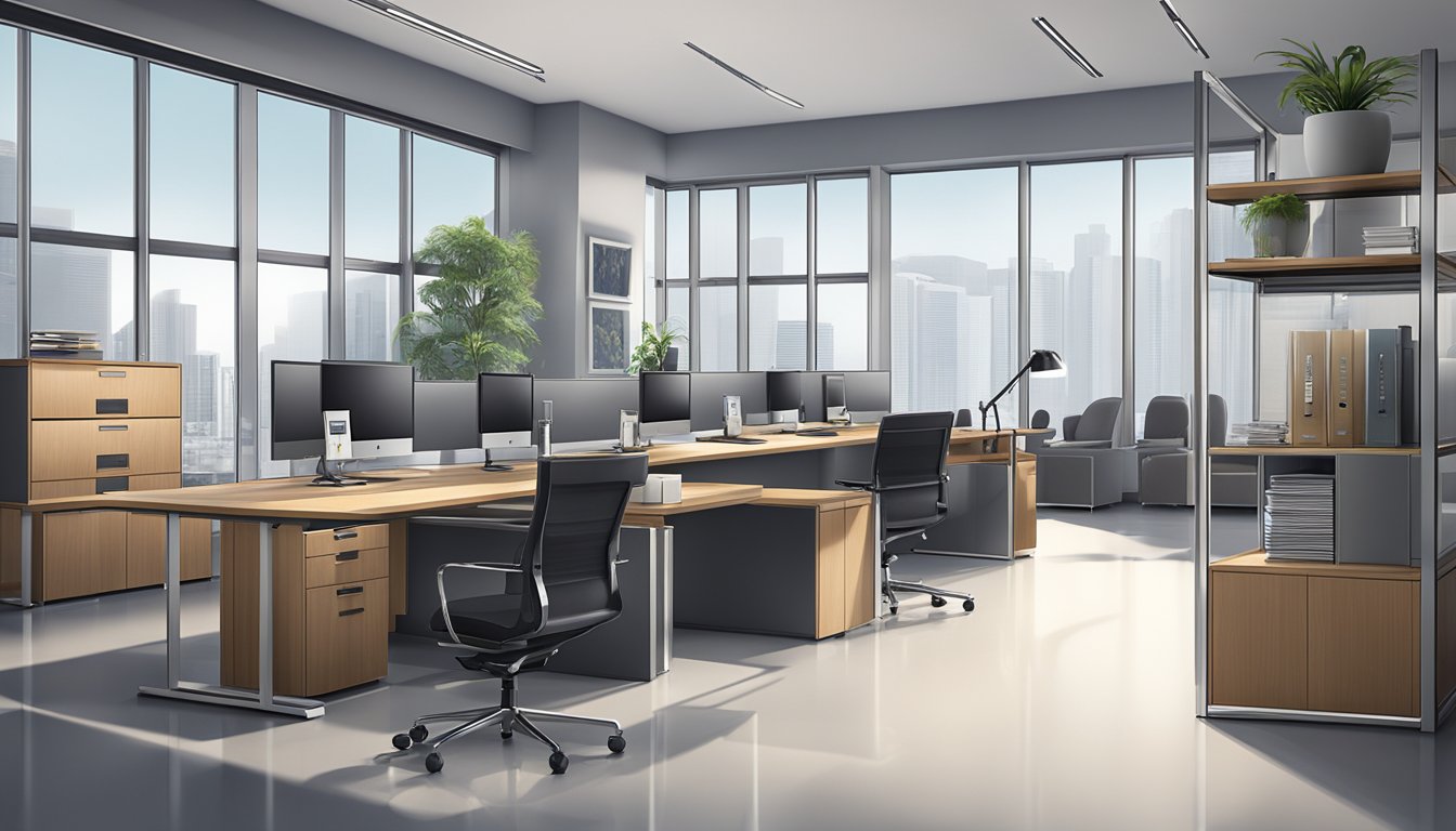 A sleek and modern office setting with branded corporate gifts displayed on shelves and desks, showcasing the professionalism and sophistication of Exclusively.com.sg