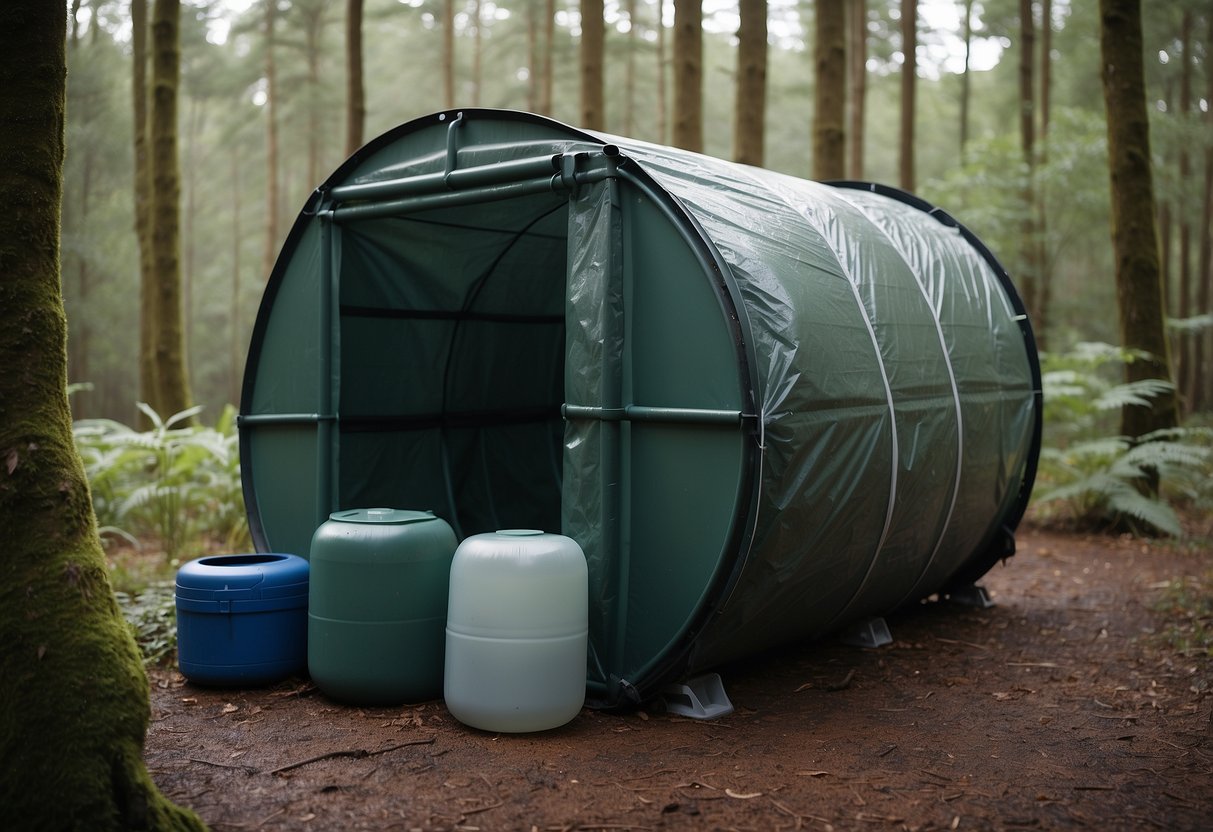 A rainwater collection system set up in a forest clearing, with a tarp or large leaves directing water into a barrel. Surrounding the system are various containers for collecting and storing the water