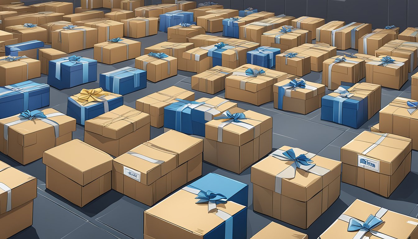 A stack of branded corporate gifts being packed into shipping boxes at DTC World Corporation Pte Ltd in Singapore