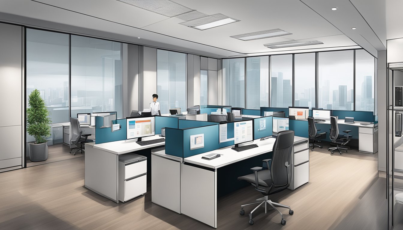Scene: A sleek and modern corporate office with the Singapore Post Limited logo prominently displayed. A table adorned with elegant corporate gifts and a review of the company's services