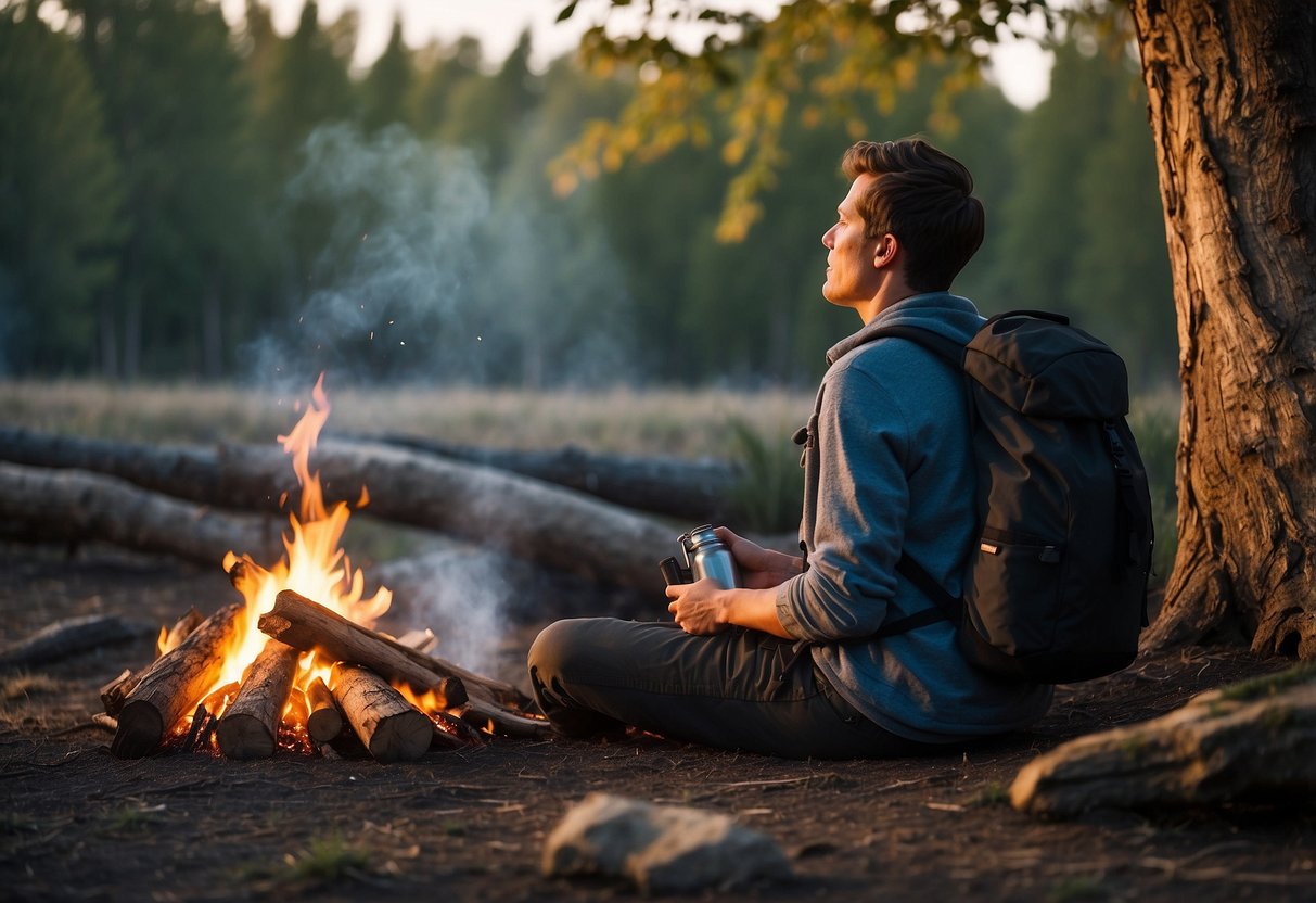 A person sitting by a campfire with a water bottle, surrounded by trees and a clear blue sky. A backpack and bushcraft tools are nearby