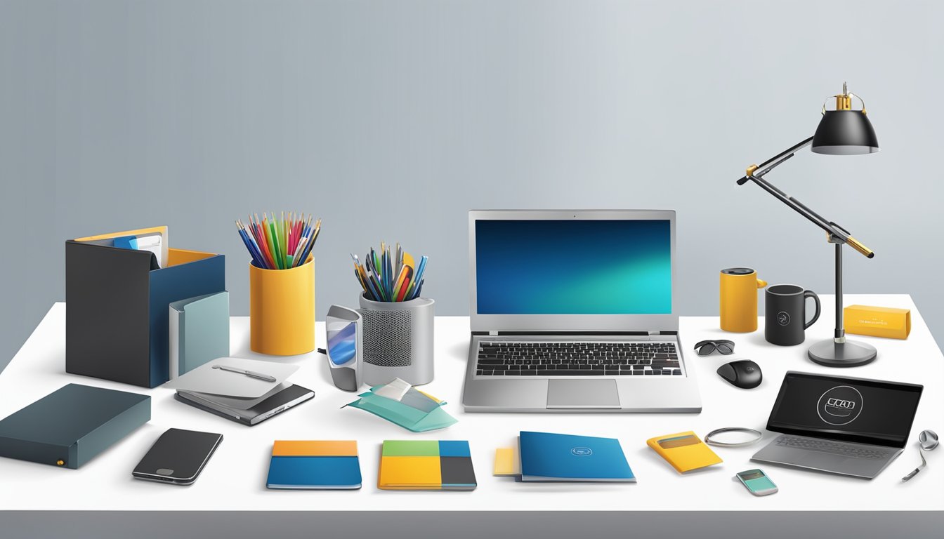A table displaying a variety of corporate gifts, including custom branded items, elegant office accessories, and high-quality electronic gadgets