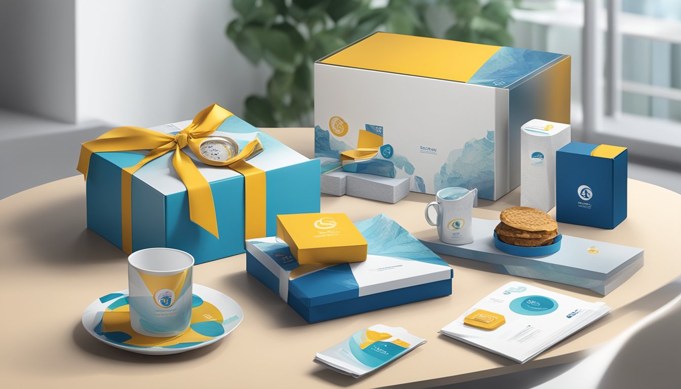 A collection of corporate gifts from Singapore Post Limited displayed on a sleek, modern table with the company logo prominently featured