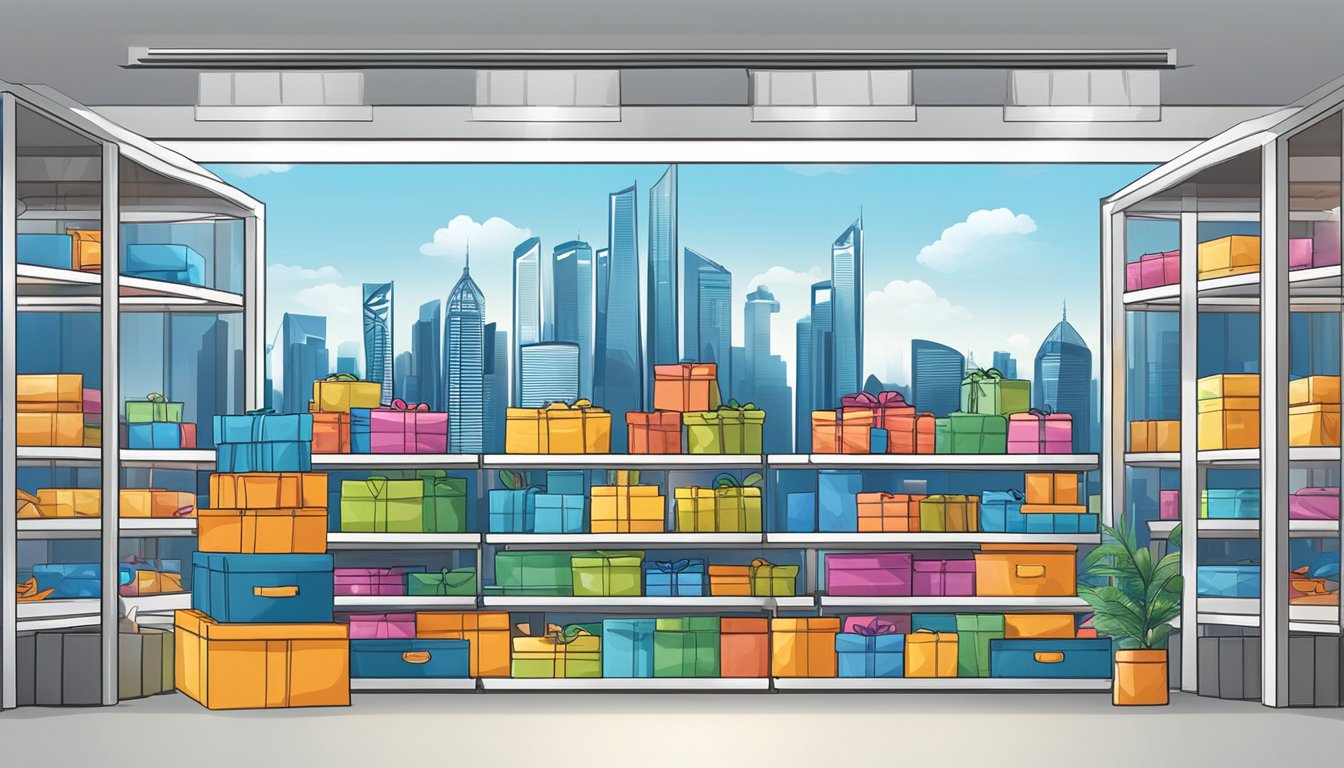 A colorful array of corporate gifts displayed on sleek shelves, with the DTC World Corporation Pte Ltd logo prominently featured. The Singapore skyline is visible through the window in the background