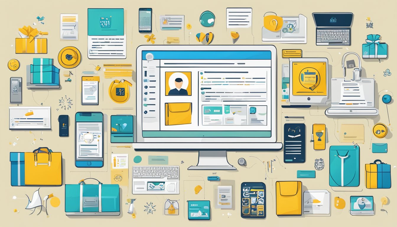 A collection of positive customer testimonials and reviews displayed on a digital screen, surrounded by various corporate gifts and merchandise