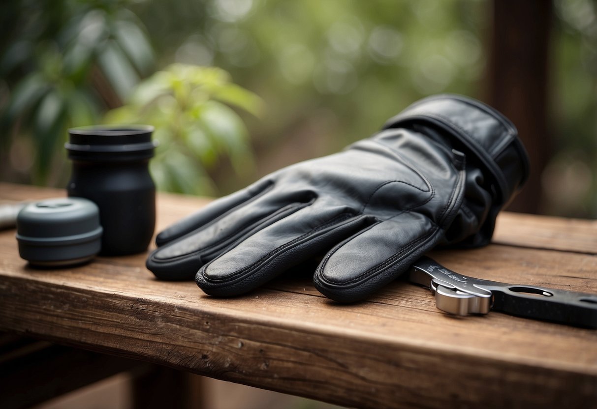 A pair of durable, weather-resistant gloves lay on a rustic wooden table, surrounded by various outdoor gear and tools. The gloves feature reinforced palms and fingers, perfect for handling rough terrain and protecting against the elements