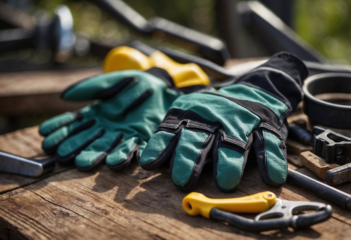 A pair of Ironclad Work Gloves lies on a rugged outdoor workbench, surrounded by tools and equipment. The gloves are sturdy and protective, with reinforced palms and fingers for durability