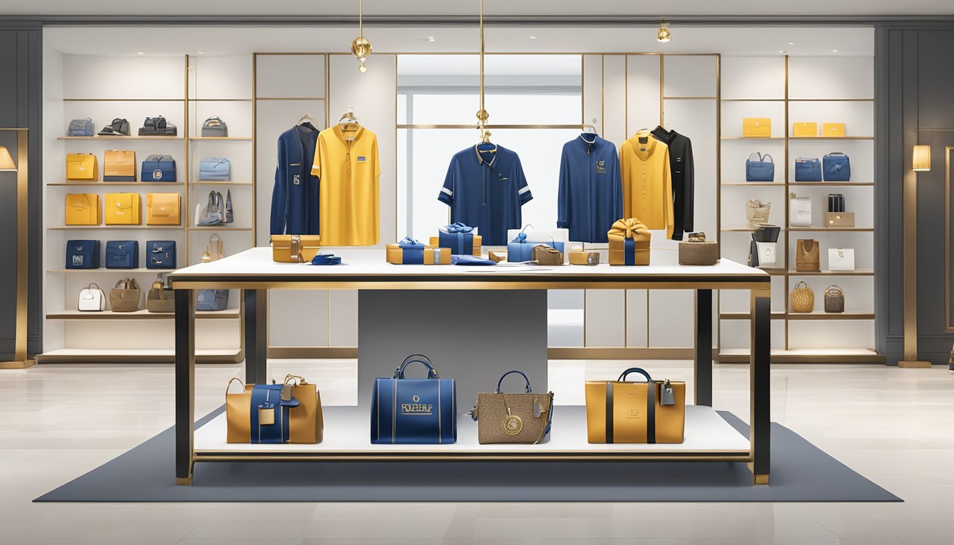 A table adorned with various corporate gifts, including branded merchandise and luxury items, displayed in an elegant showroom setting