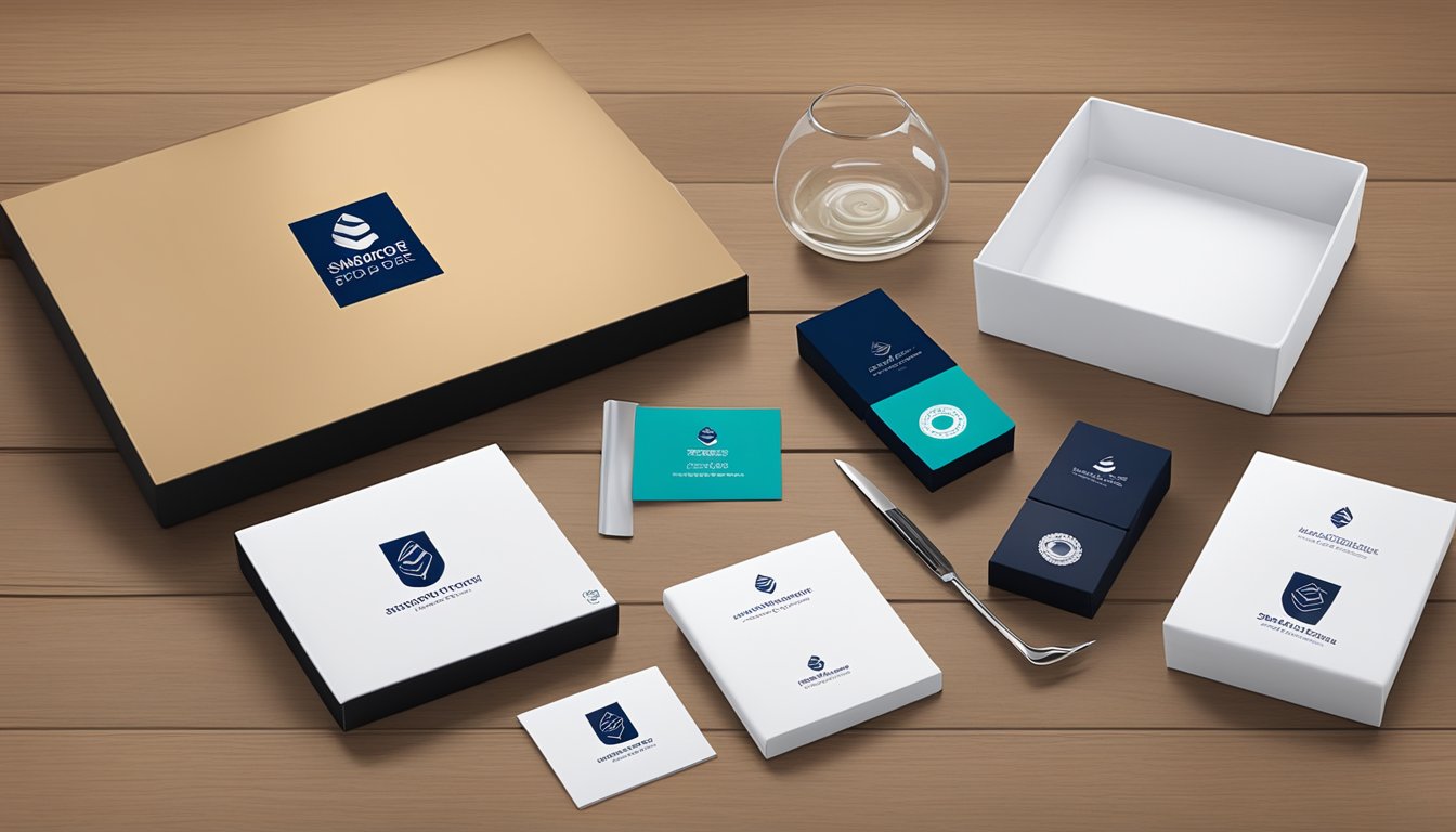 A sleek and modern corporate gift set displayed on a polished wooden table, featuring the Singapore Post Limited logo and embodying quality and craftsmanship