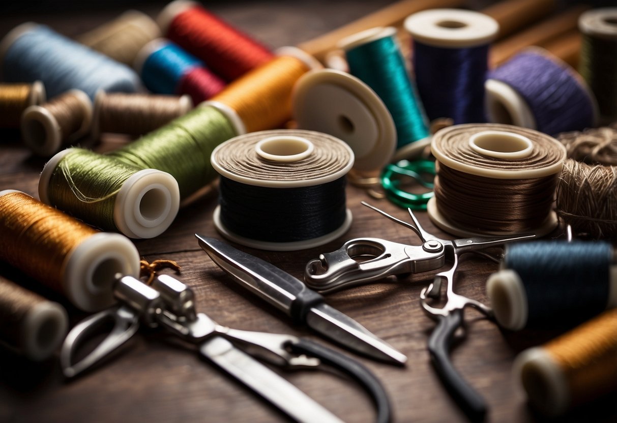 A table with various materials: leather, canvas, and synthetic fabrics. Tools like needles, thread, and scissors are scattered around