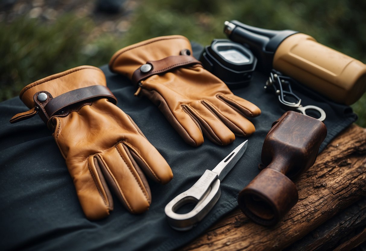 A pair of bushcraft gloves laid out next to a small toolkit and a bottle of leather conditioner, with a rugged outdoor background