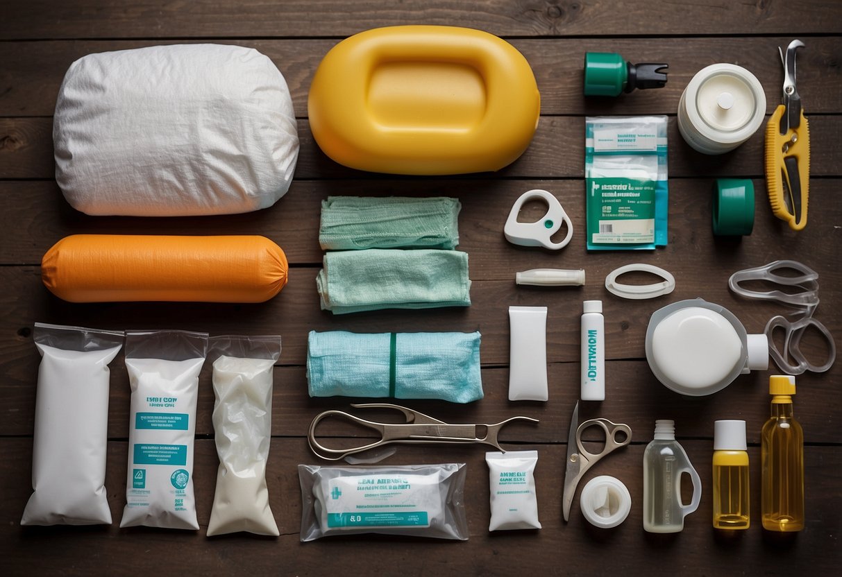 A collection of first aid items laid out on a wooden surface, including bandages, antiseptic wipes, scissors, tweezers, and a CPR mask