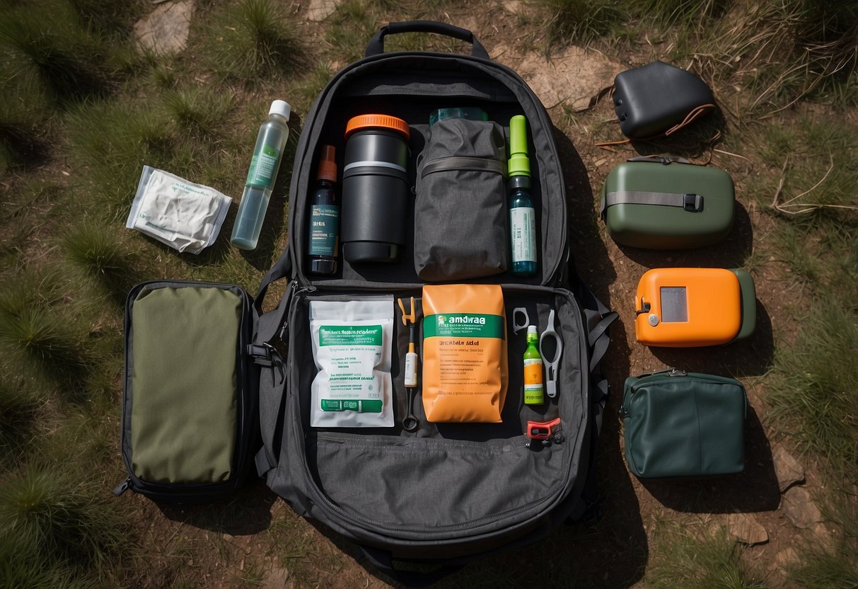 A rugged backpack sits open, revealing neatly organized first aid items for bushcraft. The kit includes bandages, antiseptic wipes, and other essential supplies