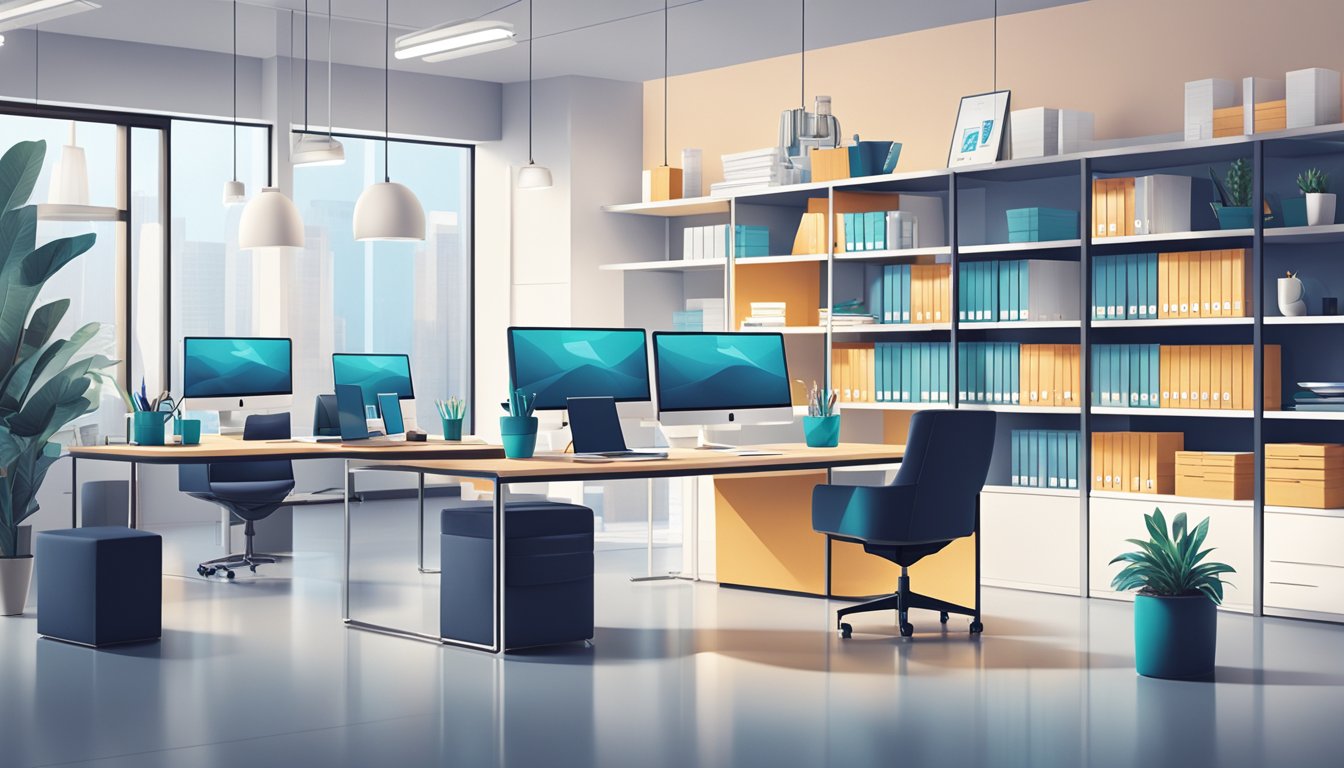 A sleek and modern office setting with branded corporate gifts displayed on shelves and a professional team working together in the background