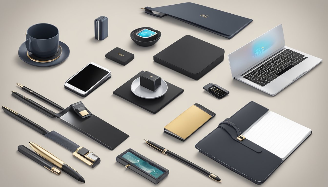 A group of corporate gifts displayed on a sleek, modern table. The gifts range from elegant pens and notebooks to high-quality tech gadgets and stylish accessories. The branding of GiftsandPremiums.com is prominently featured on each item