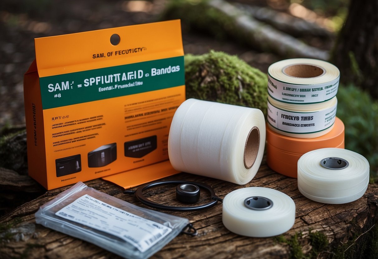 A 36" roll of Sam Splint lies next to 10 essential first aid items for bushcraft. The items include bandages, antiseptic wipes, and medical tape