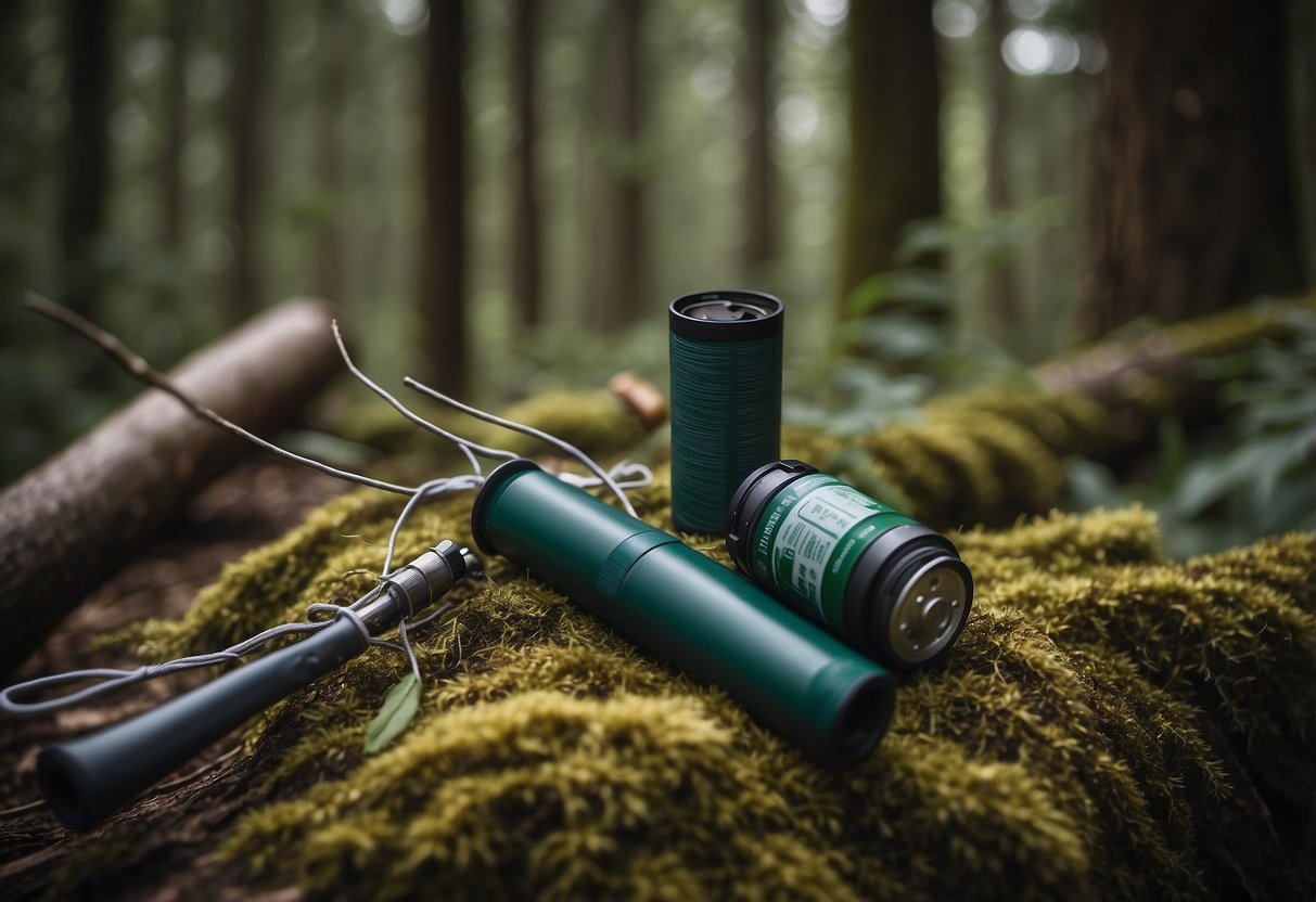 A tourniquet is tightly wrapped around a limb in a wilderness setting, surrounded by essential first aid items for bushcraft