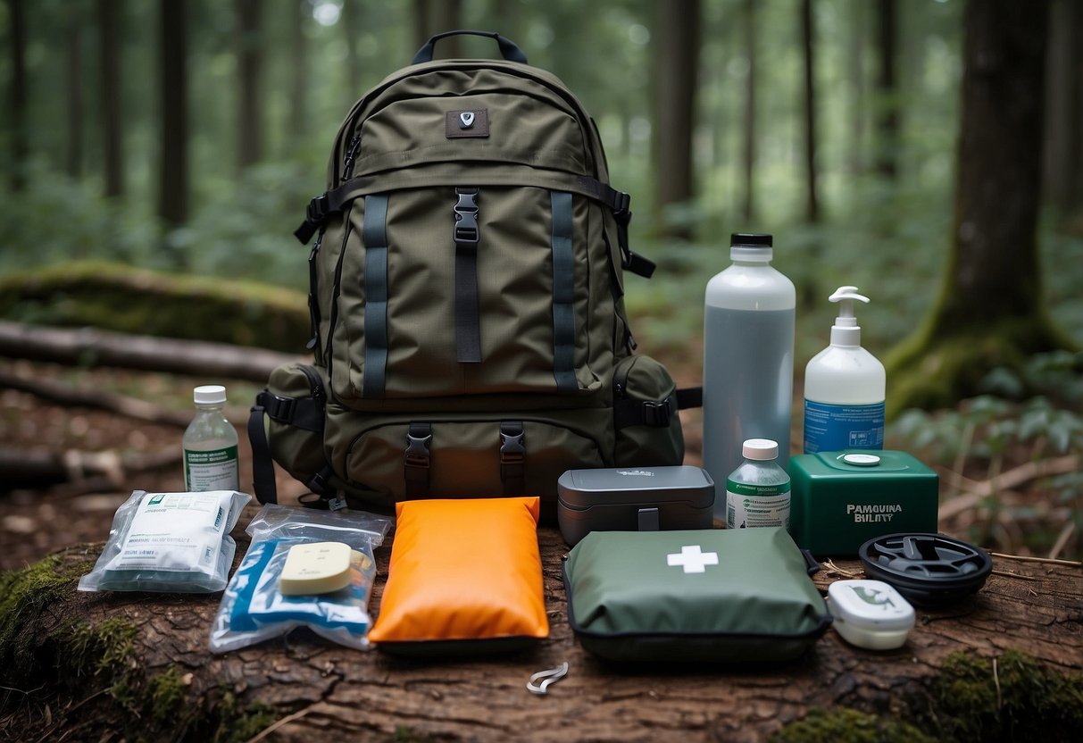 A rugged backpack lies open, revealing a neatly organized Trauma Pak Pro with essential first aid items for bushcraft. Surrounding the pack are scattered outdoor gear and a dense forest backdrop