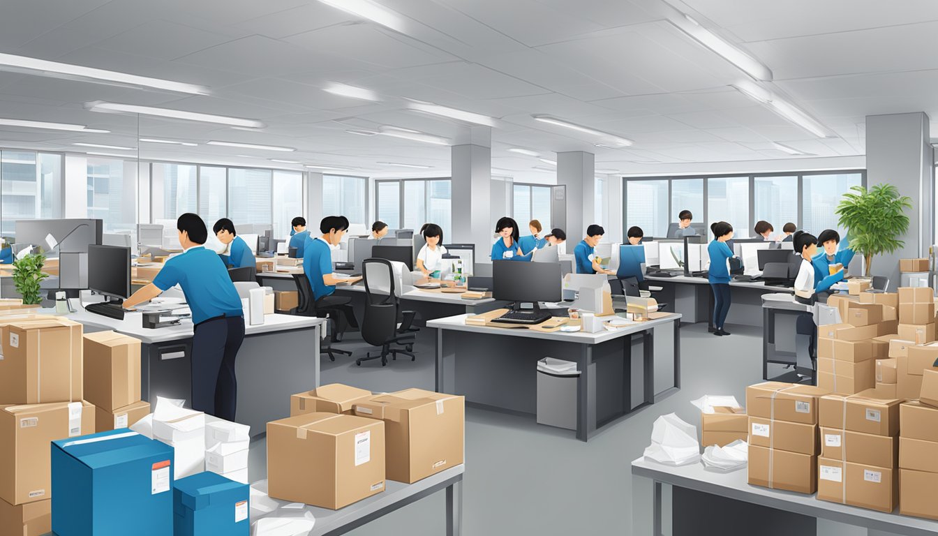 A busy office with employees packing and labeling corporate gifts for delivery. Singapore Post Limited logo displayed prominently