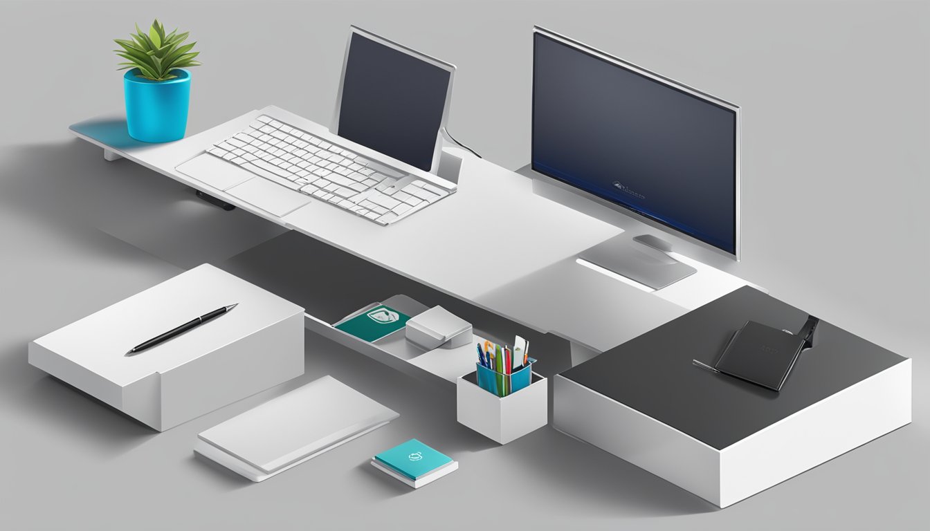 A sleek office desk with a computer, pen holder, and a branded corporate gift box. The desk is neat and organized, with the company logo visible