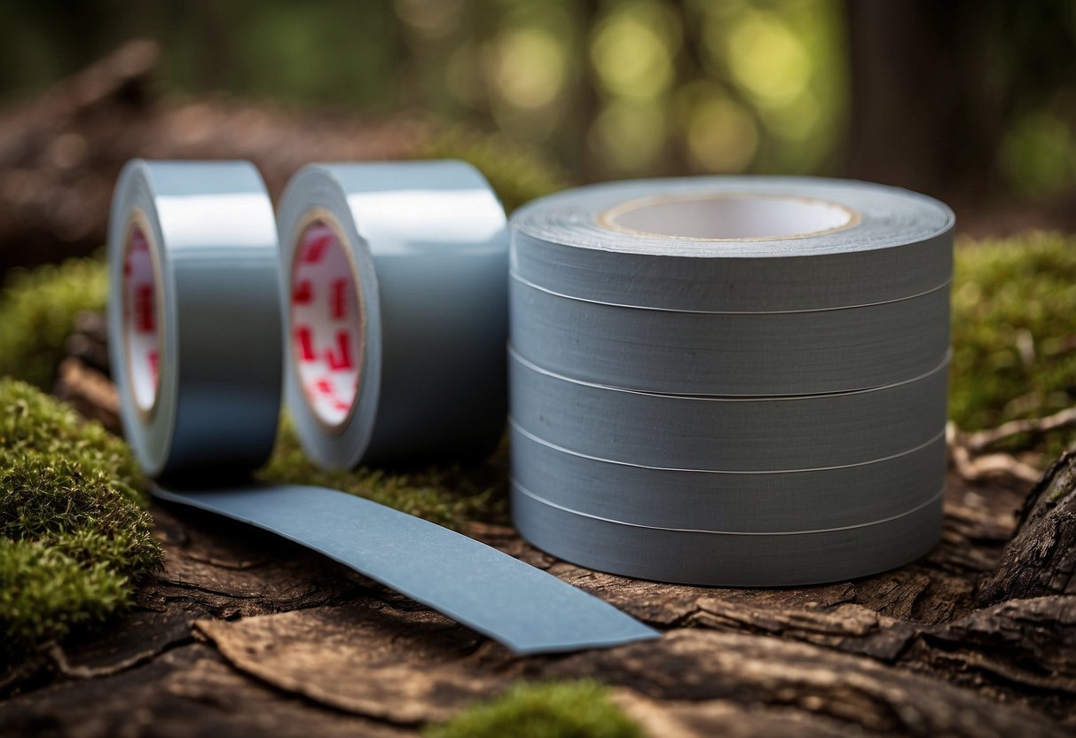 A 2-inch roll of duct tape sits among 10 essential first aid items for bushcraft, including bandages, antiseptic wipes, and tweezers